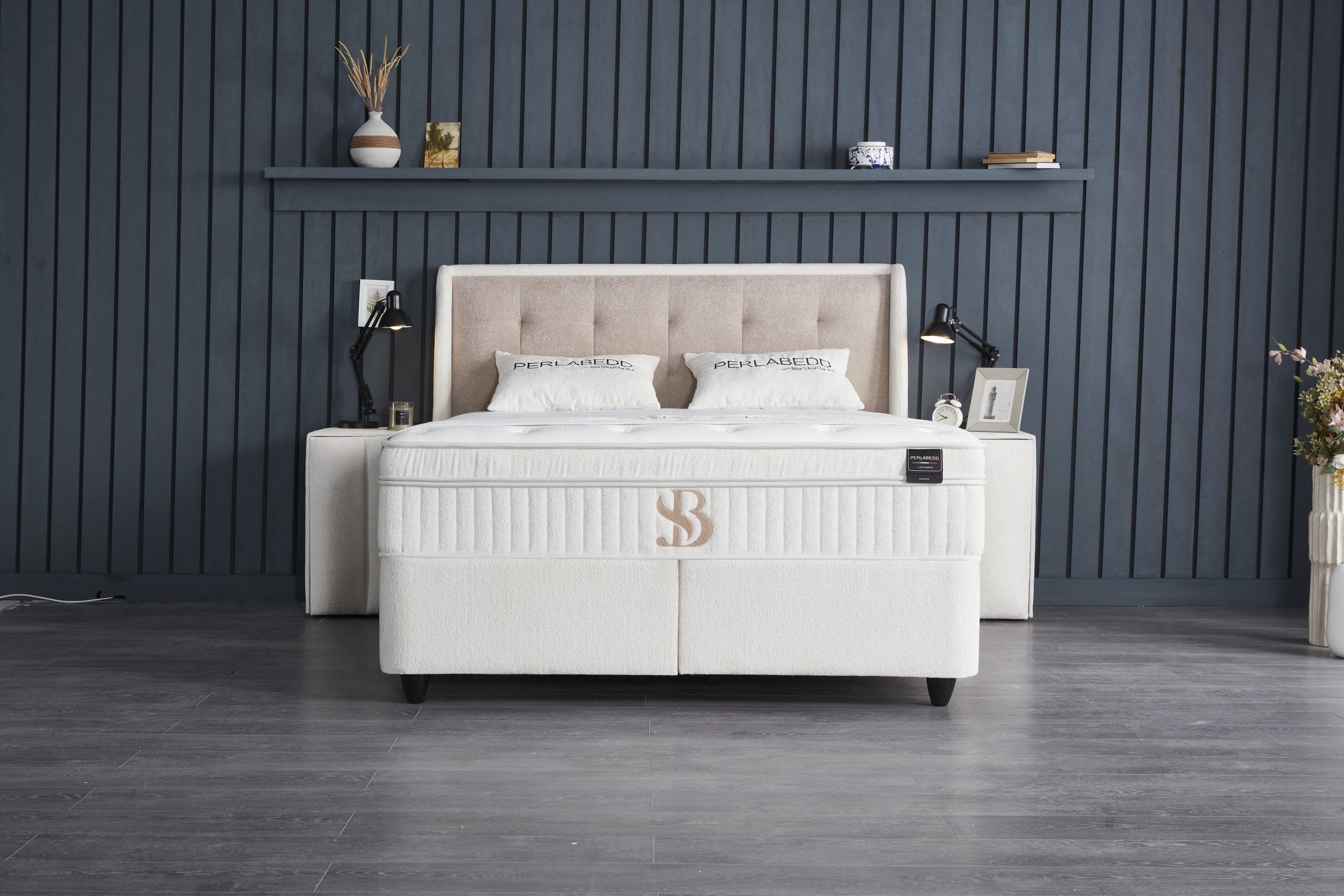 SKYBEDD® Perlabedd beige boxspring met opbergruimte