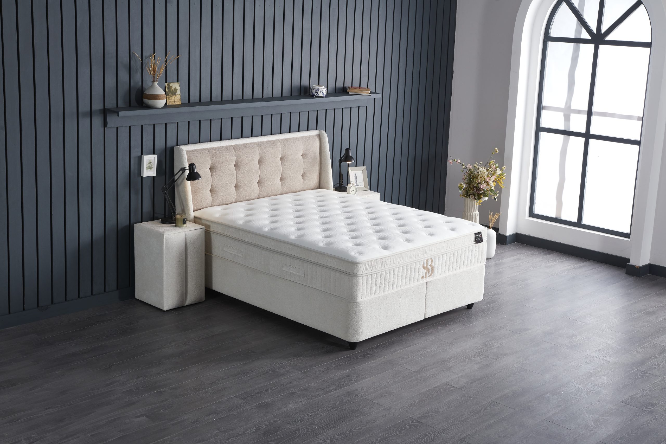 SKYBEDD® Perlabedd beige boxspring met opbergruimte