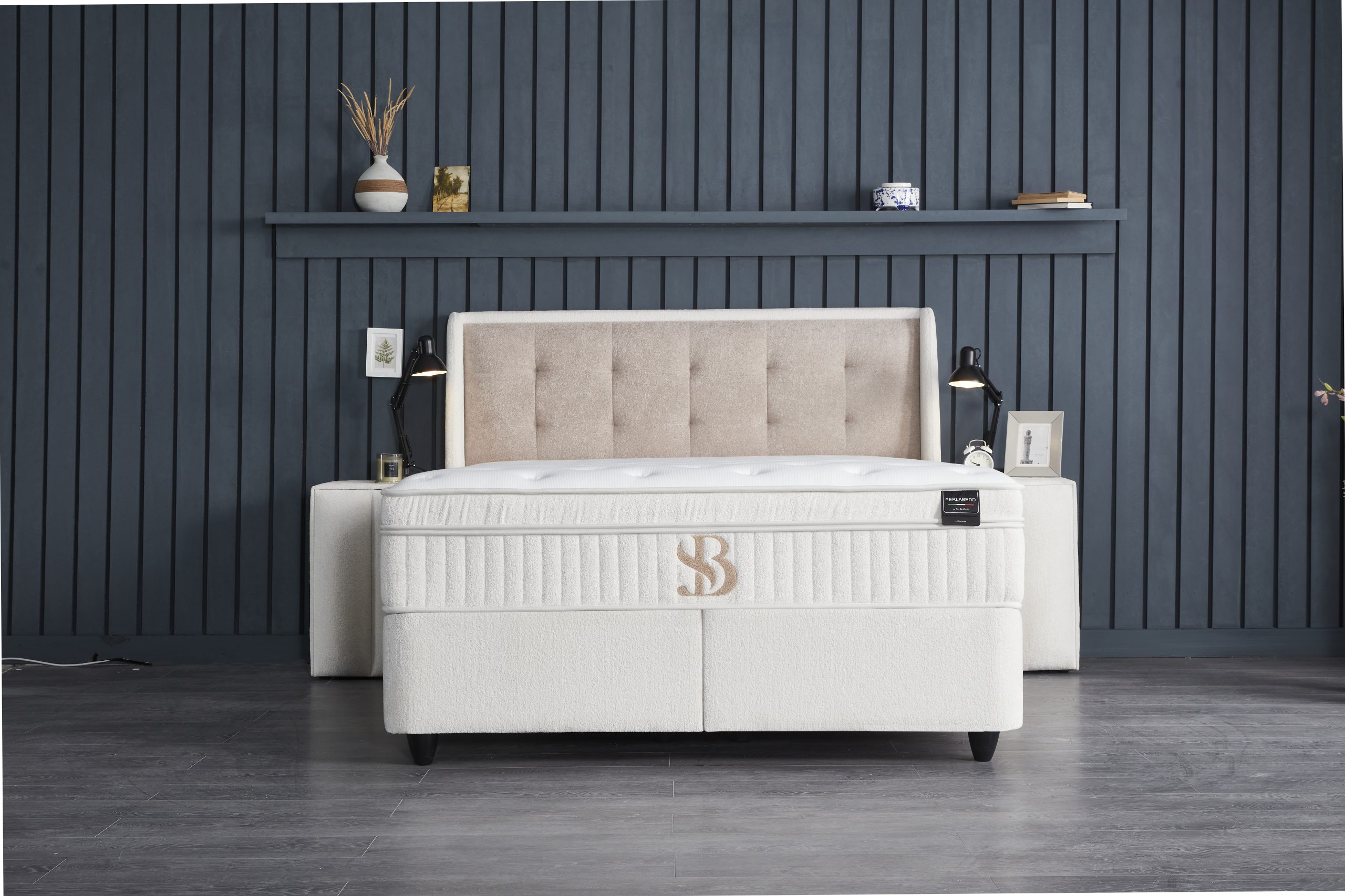 SKYBEDD® Perlabedd beige boxspring met opbergruimte