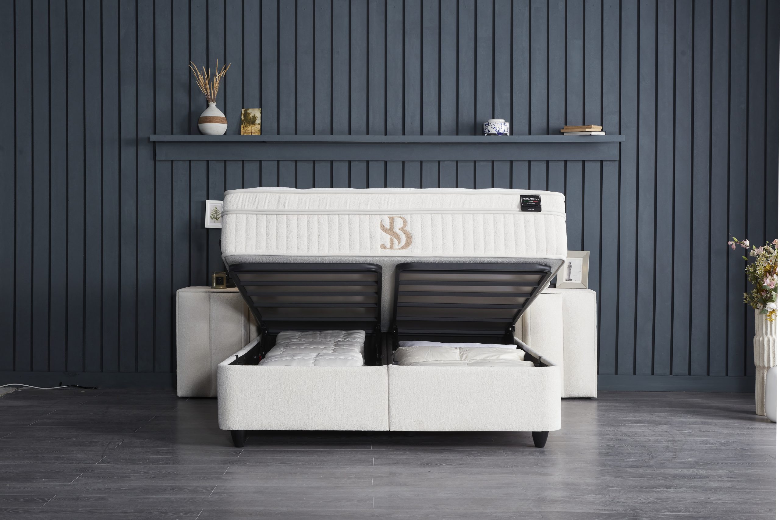 SKYBEDD® Perlabedd beige boxspring met opbergruimte