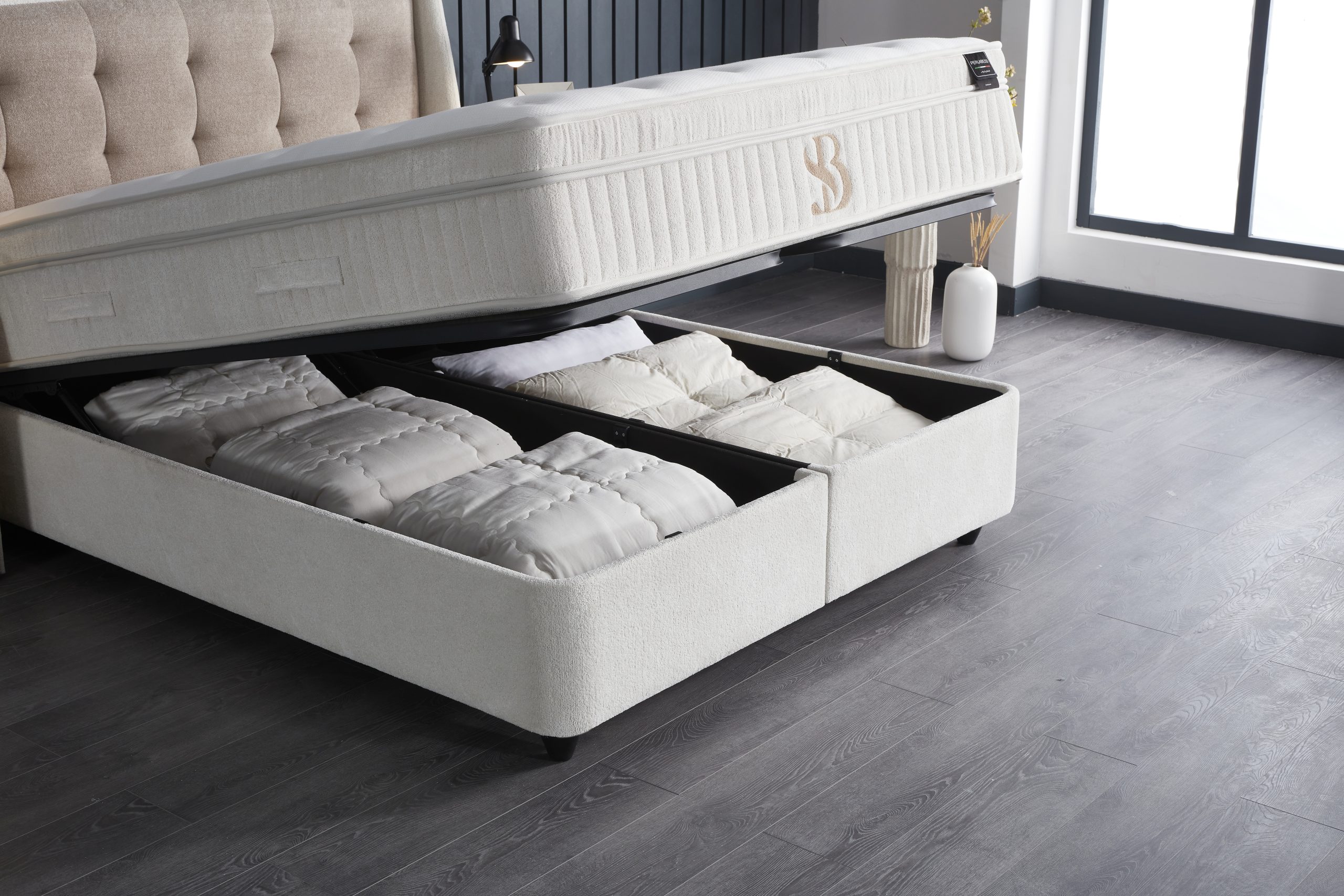 SKYBEDD® Perlabedd beige boxspring met opbergruimte
