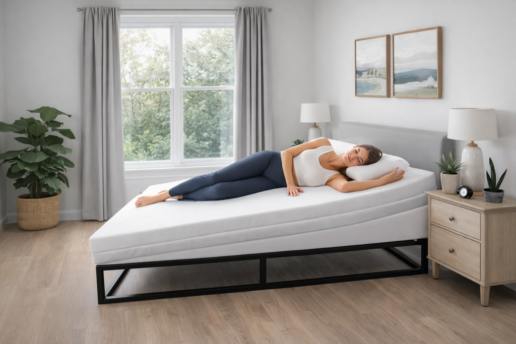 Mevrouw slaapt op een reflux matras verhoger